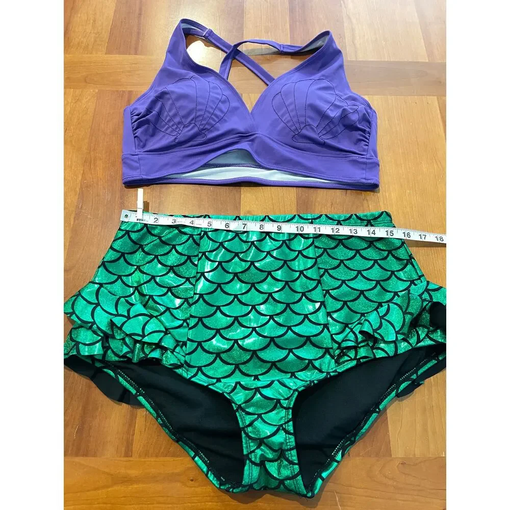 Disney Princess Ariel Bikini Set Purple Shell Top Green Scale High Waisted Sz 1x - Picture 9 of 14
